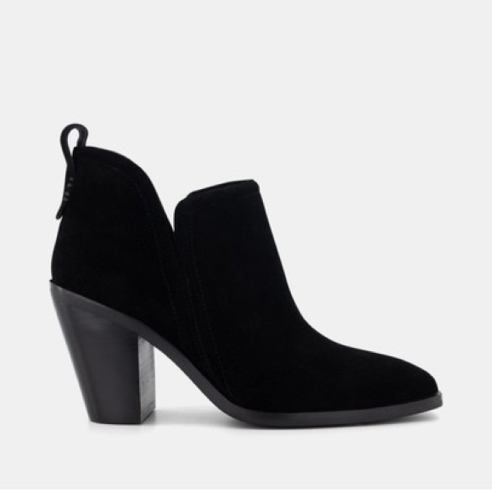 JEFFREY CAMPBELL Burnman 2 Distressed Heeled Booties-Black Oiled Suede, Size 7.5
